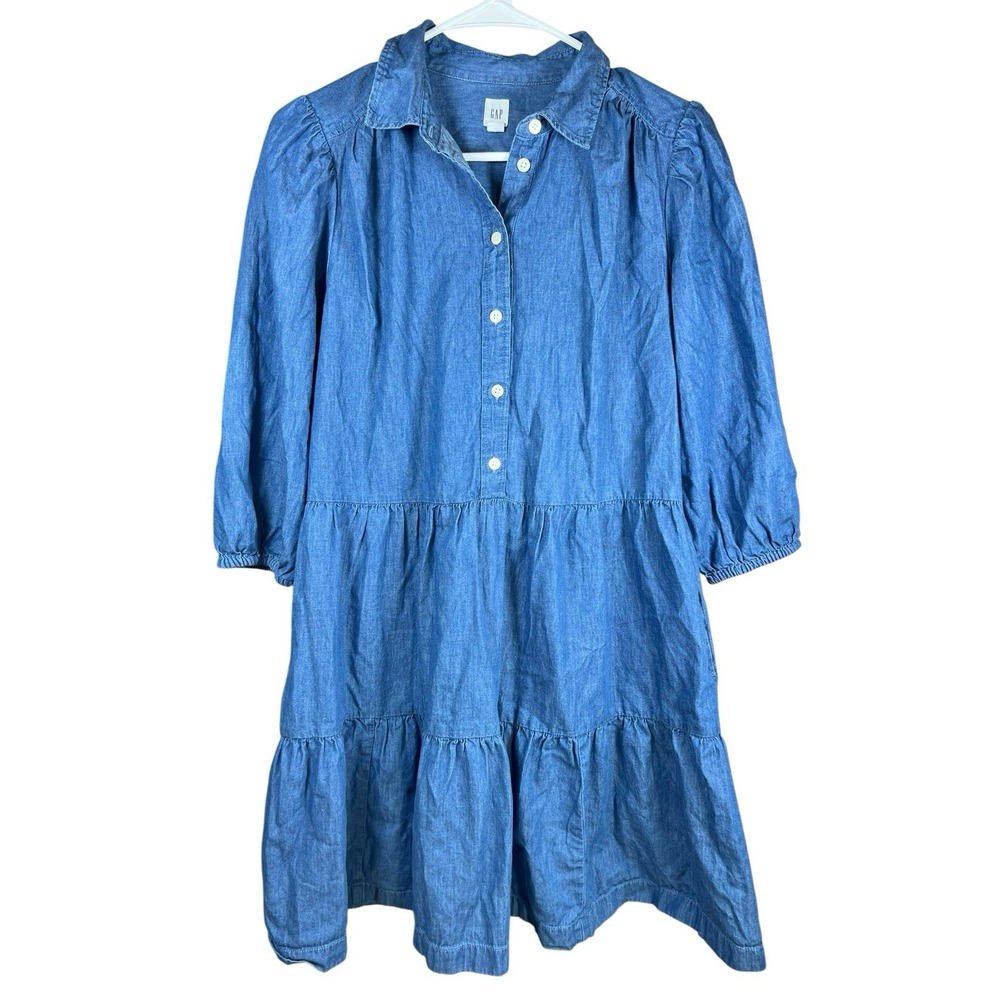GAP Petite S Chambray Denim Dress Puff Sleeve Tiered Cottagecore Western Blue PS